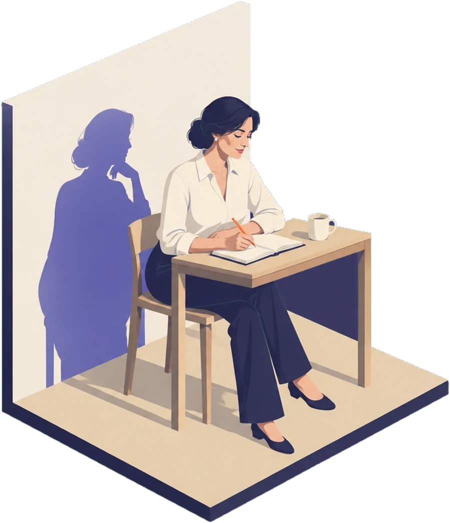 Une femme écrit dans son carnet à une petite table ; au mur, son ombre a posé le menton sur sa main, pensive.