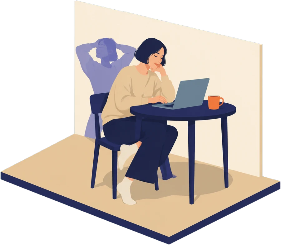 Le soir, une femme lit sur son ordinateur à la table de sa cuisine, une tasse orange à côté ; au mur, son ombre s’étire, détendue, les mains derrière la tête.