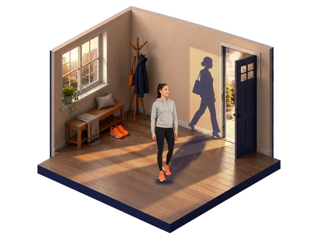 Une femme se tient dans l’entrée, baskets orange aux pieds ; au mur, son ombre en tenue de travail, sac d’ordinateur à l’épaule, passe déjà la porte.