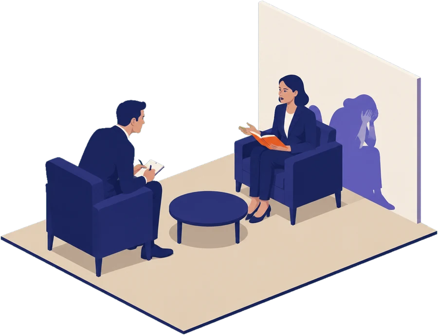 Une séance : la personne coachée, assise droite, raconte une situation, son carnet orange ouvert sur les genoux ; au mur, derrière son fauteuil, son ombre est affaissée, la tête dans les mains. En face, le coach prend des notes et écoute.