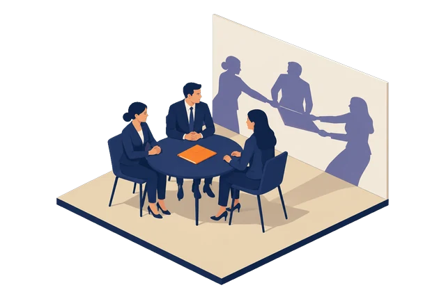 Trois collègues discutent calmement autour d’une table, un dossier orange fermé au milieu ; au mur, leurs ombres tirent ce dossier chacune de son côté.
