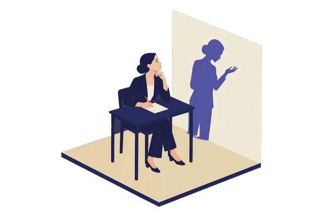 Une femme remplit une feuille à son bureau ; au mur, son ombre regarde attentivement la paume de sa main.