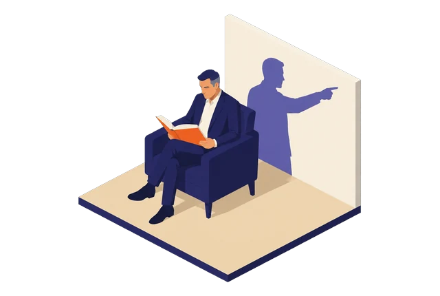 Un homme lit un rapport à couverture orange, assis dans un fauteuil ; au mur, son ombre tend le bras pour montrer une direction.