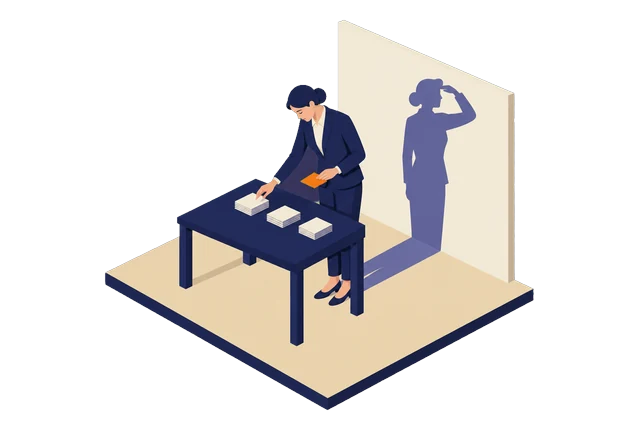 Une femme trie des fiches en trois piles sur une table ; au mur, son ombre regarde au loin, une main en visière.