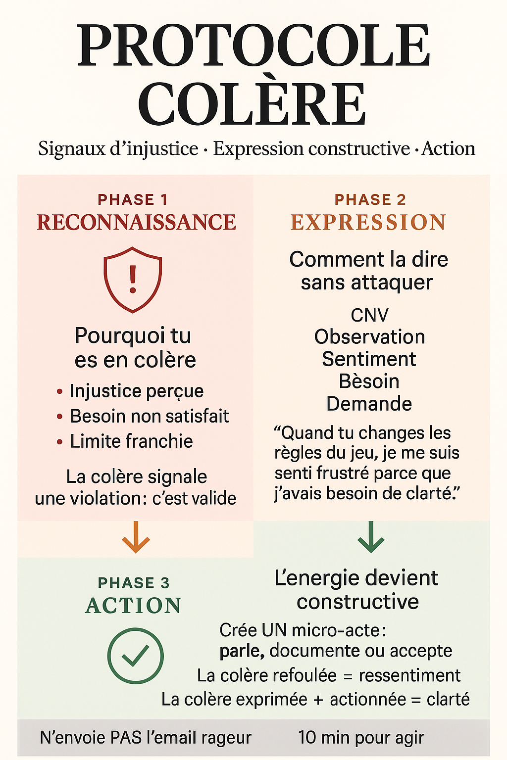 Infographie — Le protocole colère : des signaux d'injustice à l'action constructive — Deep Dive Intelligence Émotionnelle