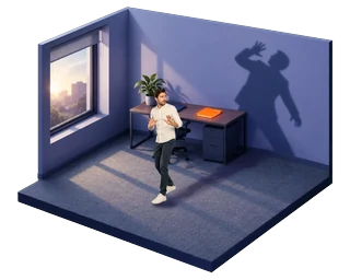Un homme recule d’un pas devant un dossier orange posé sur un bureau, la main levée ; au mur, son ombre se renverse en arrière, le bras devant le visage.