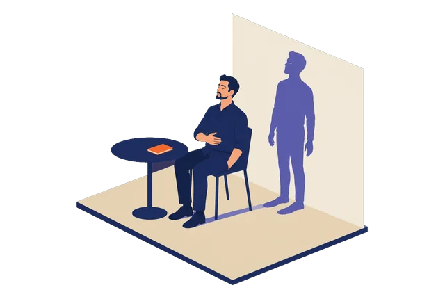 Un homme assis respire lentement, les yeux fermés, une main sur le ventre ; au mur, son ombre se tient droite, les épaules relâchées.
