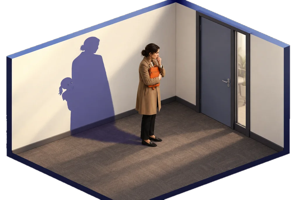 Dans un couloir, une femme d’une trentaine d’années serre son sac orange devant une porte fermée ; au mur, son ombre cache une petite fille.