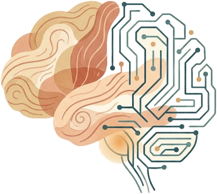 Un cerveau dessiné pour moitié en formes organiques, pour moitié en circuit électronique : le digital et l’humain, ensemble.