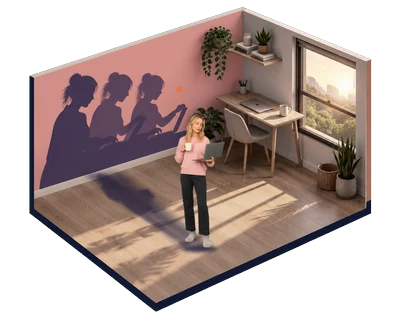 Le matin, une femme ouvre son ordinateur, sa tasse à la main, les yeux mi-clos ; au mur, son ombre répète trois fois le même geste.