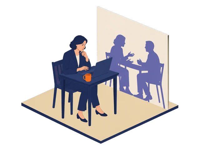 Une femme hésite devant son ordinateur ; sur le mur, son ombre est déjà en conversation.