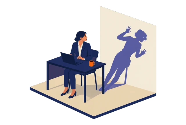 Une femme vient de lire un message à son bureau et marque une pause ; au mur, son ombre recule, surprise, un bras levé.