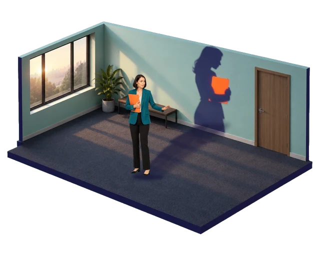 Seule dans un couloir, une femme pose la main sur la poignée d’une porte fermée, un dossier orange serré contre elle ; au mur, son ombre, deux fois plus grande, se tient raide et crispée.