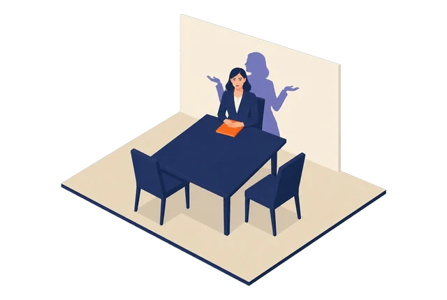 Une cadre attend seule à la table de réunion, son dossier fermé ; au mur, son ombre hausse les épaules, mains ouvertes, comme si quelqu’un d’autre devait trancher.