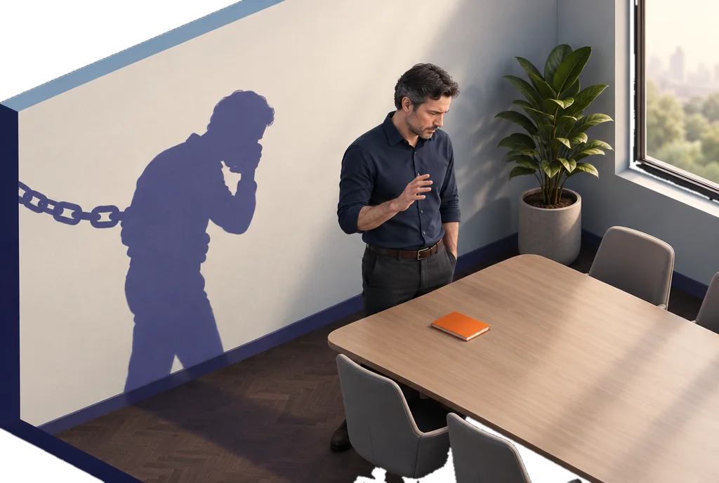 Dans une salle de réunion, un homme d’une quarantaine d’années hésite, la main à demi levée ; au mur, son ombre se tient la main sur la bouche, retenue par une chaîne.