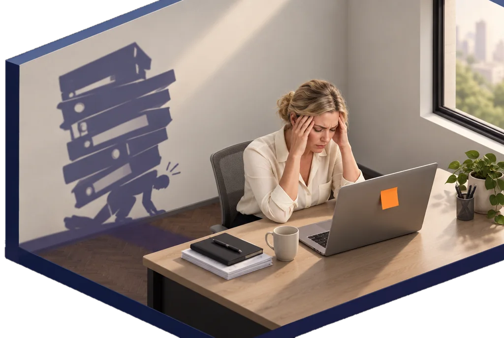 Au bureau, une femme d’une trentaine d’années se tient la tête à deux mains devant son ordinateur ; au mur, son ombre plie sous une pile de dossiers.