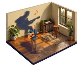 Un homme d’une soixantaine d’années s’exerce à la guitare ; au mur, son ombre joue avec aisance.