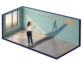 Une femme tend une note orange vers la fin d’une rangée de notes pâles ; au mur, son ombre gravit un escalier vers cette seule note orange.