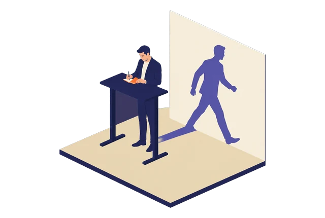 Un homme écrit une ligne dans un carnet, à son bureau debout ; au mur, son ombre marche d’un bon pas.