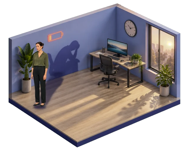Une femme se tient dans son bureau ; sur le mur, son ombre est affaissée, la tête dans la main, sous une pile orange presque vide.