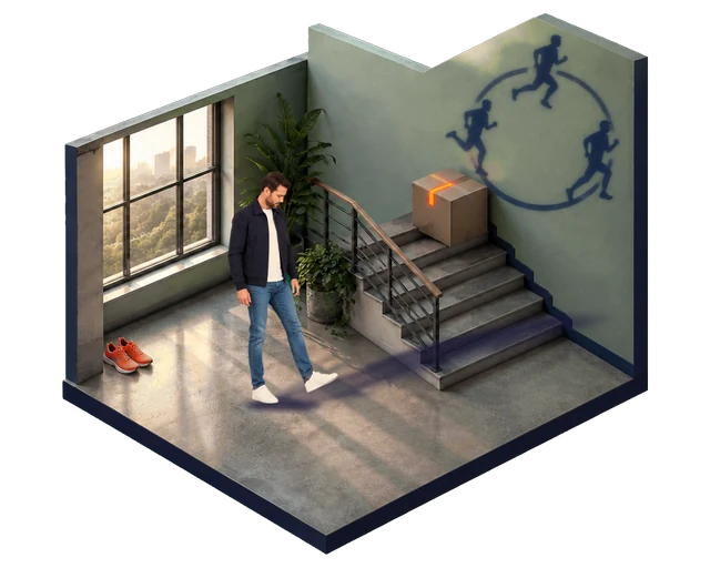 Un homme passe devant ses baskets neuves, posées au sol ; sur le mur, son ombre court en rond, trois fois de suite, comme une habitude qui tourne en boucle.