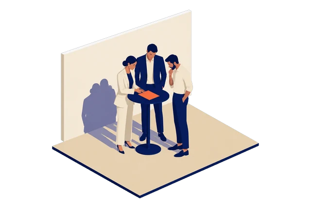 Trois collègues penchés ensemble sur une feuille posée sur une table haute ; au mur, leur ombre commune est plus petite qu’eux.