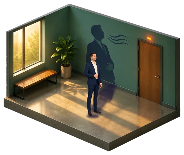Dans un couloir, avant une réunion, une femme expire les yeux fermés, une main sur le ventre ; au mur, son ombre se redresse, bras ouverts.