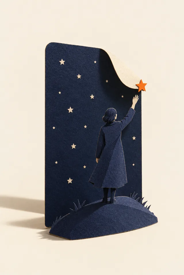 Une femme tend la main vers le coin d’un ciel de nuit qui se décolle, là où brille une étoile orange.